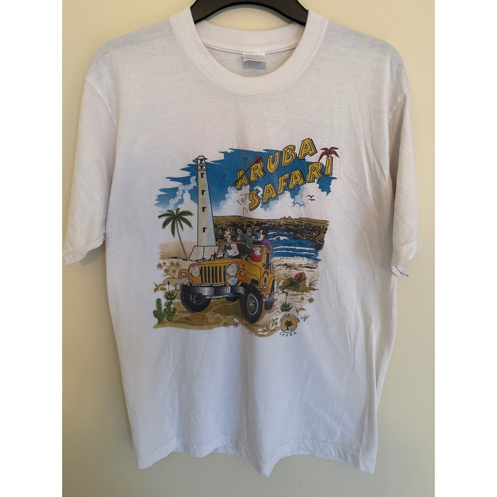 Trade Winds Aruba Safari Graphic T-Shirt White Mens Large De Palm Tours Souvenir
